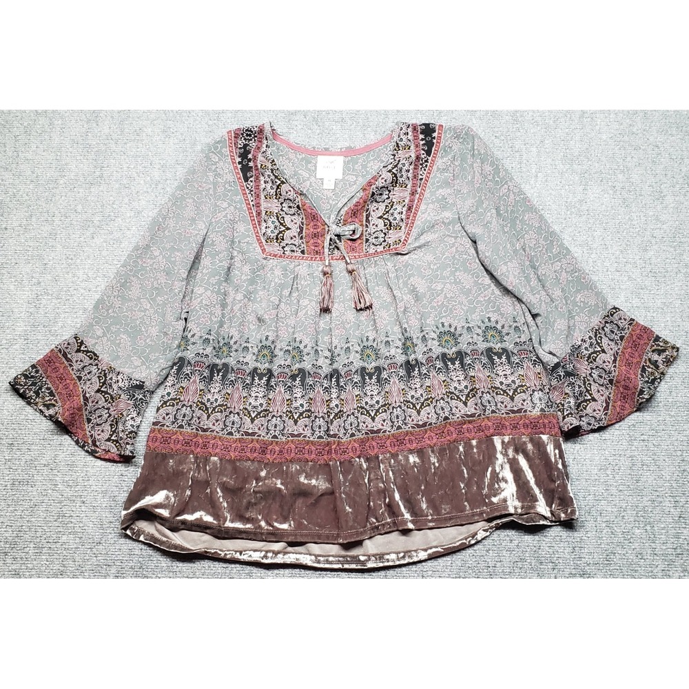Knox Rose Boho Blouse Womens M Paisley Print Velvet Trim Tie Neck Top Stretch